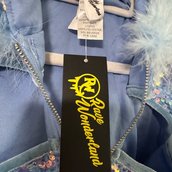 RAVE WONDERLAND Baby Blue Sequin Cutout Long Sleeve Hooded Crop Top - Picture 3 of 4